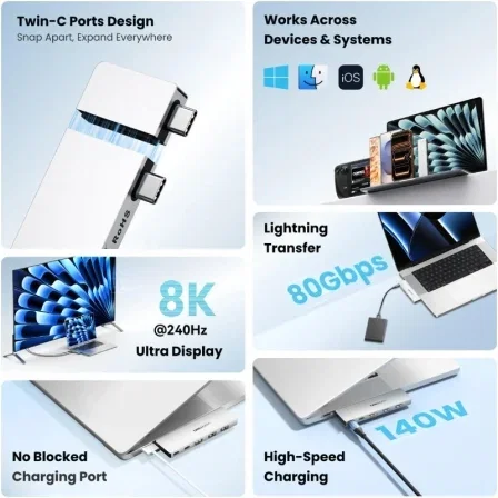 Vention TPSHB Hub USB-C con HDMI 4K, 2x USB, 2x USB-C, Thunderbolt, PD Gris