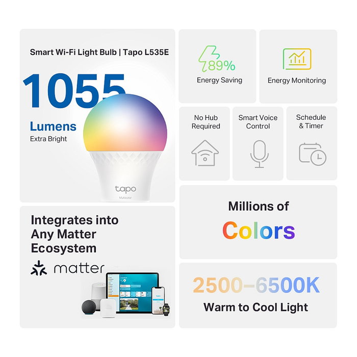 TP-Link Tapo L535E Bombilla Inteligente LED E27 Multicolor WiFi y Bluetooth Blanco 1055lm