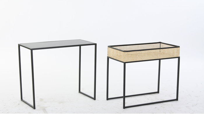 DKD Home Decor Mesa Centro Moderno Negro Natural Ratán Metal Set 2 Piezas 30x50x60 cm