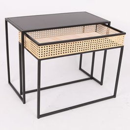 DKD Home Decor Set de 2 Mesas de Centro de Metal y Ratán con Rejilla