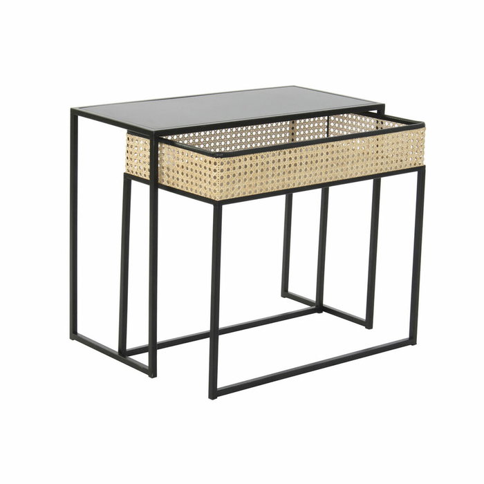 DKD Home Decor Set de 2 Mesas de Centro de Metal y Ratán con Rejilla