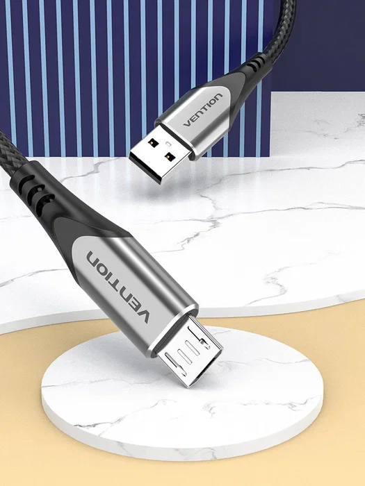 Vention Cable USB 2.0 Tipo A a Micro USB B Macho, Carga Rápida 3A 480 Mbps, 0.5m 50 cm, Funda Trenzada Nylon, Conector Aluminio, Negro