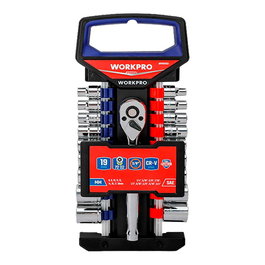 Workpro Juego de Carraca y Vasos 19 Piezas 3/8 Pulg - Llave de Carraca de 3/8 Pulg con 72 Dientes, Incluye 9 Vasos SAE y 9 Vasos Métricos Hexagonales, Acero al Cromo Vanadio