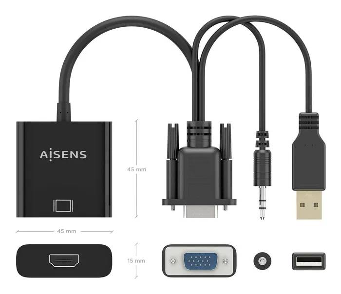 Aisens Cable Conversor SVGA+Audio a HDMI, 20cm, Negro