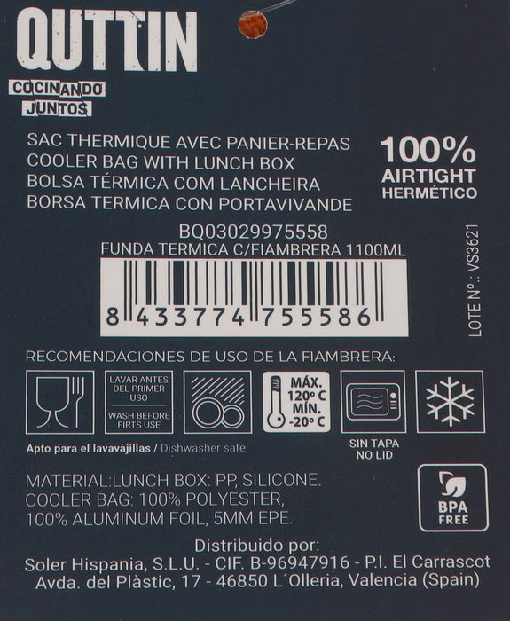 Quttin Funda Térmica Fiambrera 1100Ml 22x22x8.9Cm (6 Unidades)