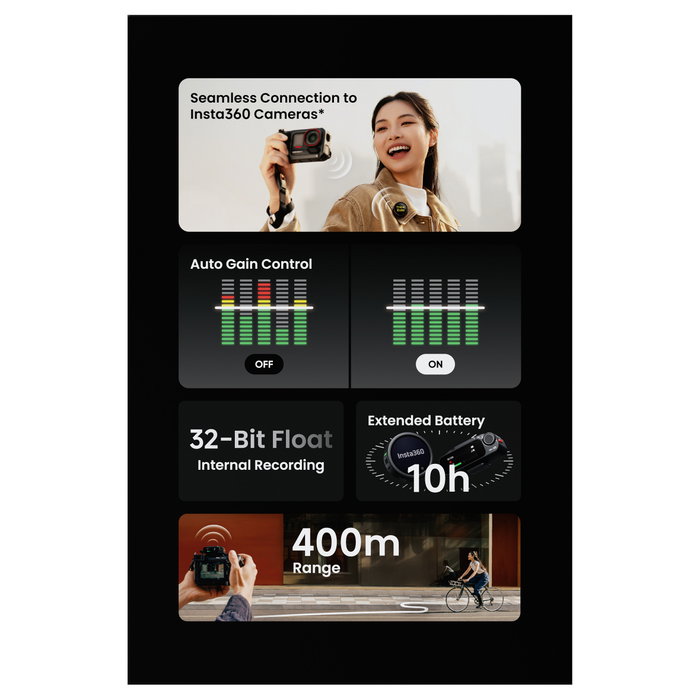 Insta360 Mic Pro Micrófono Inalámbrico de Mano/Solapa, 400 m, Cardioide/Bidireccional/Omnidireccional, 130 dB, 20-20000 Hz, Negro Insta360 Mic Pro Micrófono Inalámbrico de Mano/Solapa, 400 m, Cardioide/Bidireccional/Omnidireccional, 130 dB, 20-20000 Hz, Negro