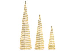 DKD Home Decor Set de 3 Conos de Navidad con LED en Blanco y Dorado