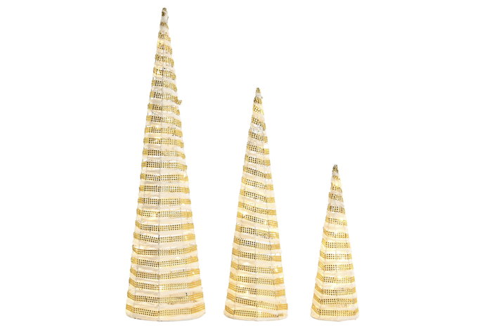 DKD Home Decor Set de 3 Conos de Navidad con LED en Blanco y Dorado DKD Home Decor Set de 3 Conos de Navidad con LED en Blanco y Dorado