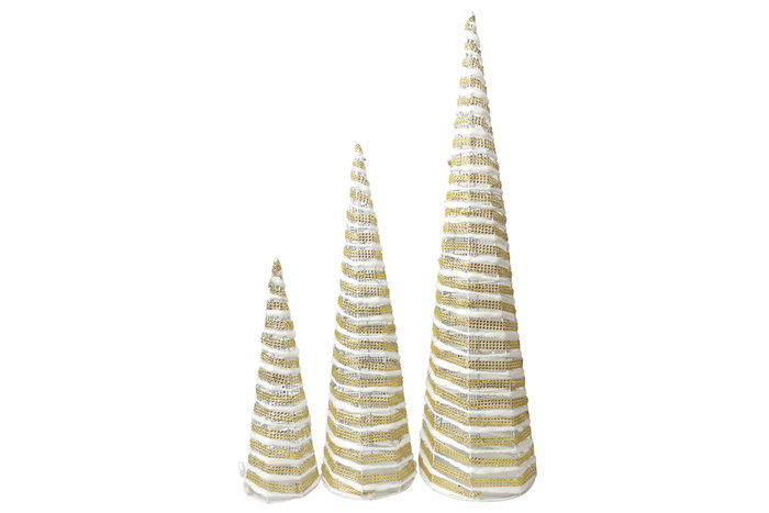DKD Home Decor Set de 3 Conos de Navidad con LED en Blanco y Dorado DKD Home Decor Set de 3 Conos de Navidad con LED en Blanco y Dorado