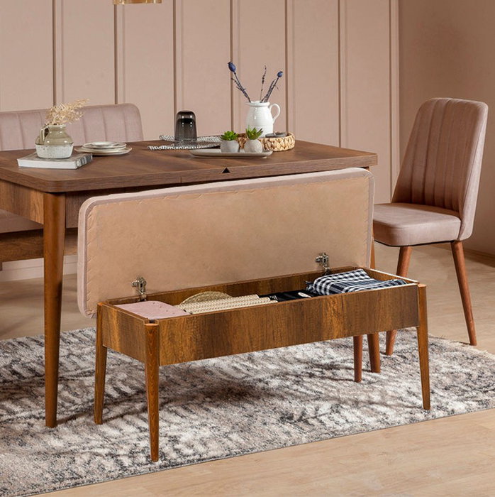 Hanah Home Juego de Mesa y Sillas Extensible de Comedor, Tablero Melamina Nogal y Piedra, Tapizado Terciopelo, 130x80 cm Hanah Home Juego de Mesa y Sillas Extensible de Comedor, Tablero Melamina Nogal y Piedra, Tapizado Terciopelo, 130x80 cm