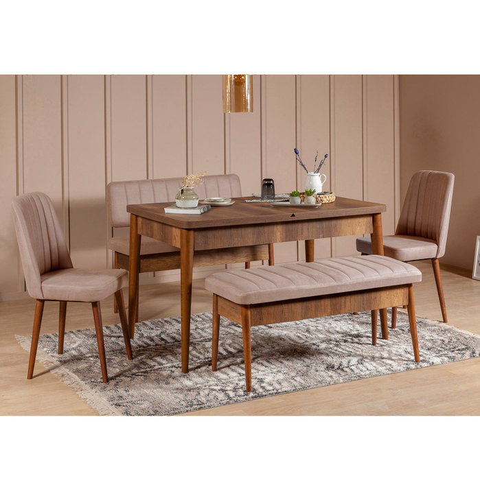 Hanah Home Juego de Mesa y Sillas Extensible de Comedor, Tablero Melamina Nogal y Piedra, Tapizado Terciopelo, 130x80 cm Hanah Home Juego de Mesa y Sillas Extensible de Comedor, Tablero Melamina Nogal y Piedra, Tapizado Terciopelo, 130x80 cm