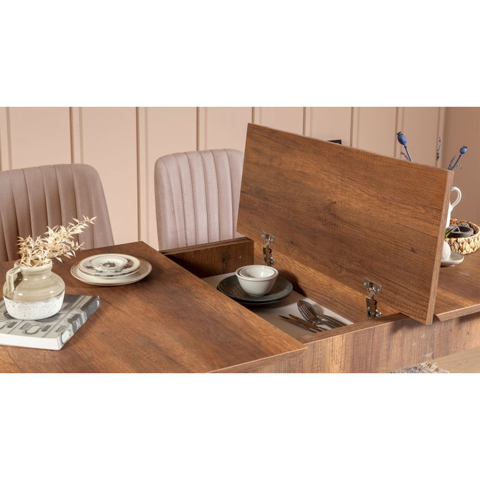 Hanah Home Juego de Mesa y Sillas Extensible de Comedor, Tablero Melamina Nogal y Piedra, Tapizado Terciopelo, 130x80 cm Hanah Home Juego de Mesa y Sillas Extensible de Comedor, Tablero Melamina Nogal y Piedra, Tapizado Terciopelo, 130x80 cm