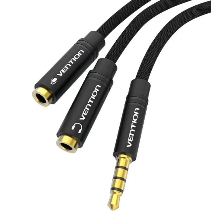 Vention Cable Divisor Audio y Micrófono 3.5mm Macho a 2x 2.5mm Hembra 30cm, Negro, Conectores Bañados en Oro, Tela Trenzada