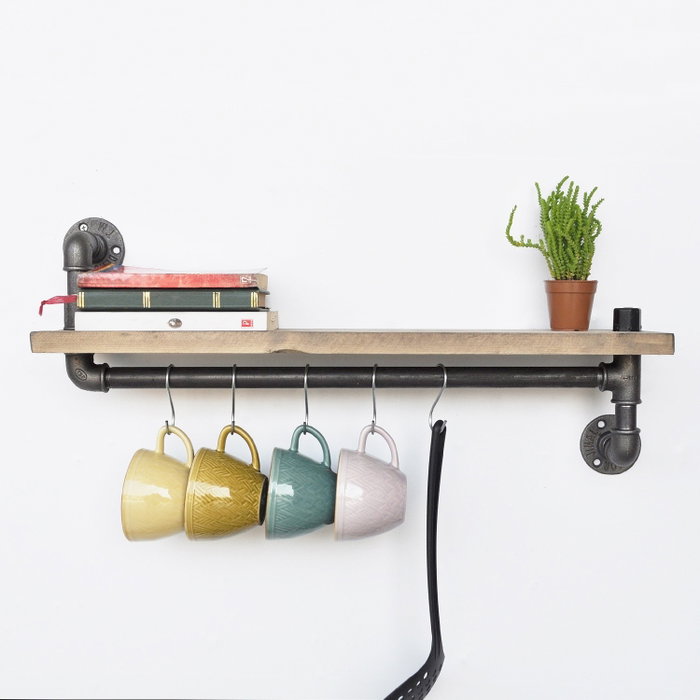 Hanah Home Boruraf008 Estantería de Tubo Hecha a Mano Madera de Abeto Metal Negro y Nogal 60x35x14 cm Hanah Home Boruraf008 Estantería de Tubo Hecha a Mano Madera de Abeto Metal Negro y Nogal 60x35x14 cm