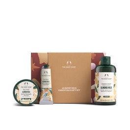 The Body Shop Set de Cuidado Corporal con Leche de Almendras de Comercio Justo - Estuche 3 pz: Crema de Ducha, Yogur Corporal y Bálsamo de Manos para Piel Seca y Sensible