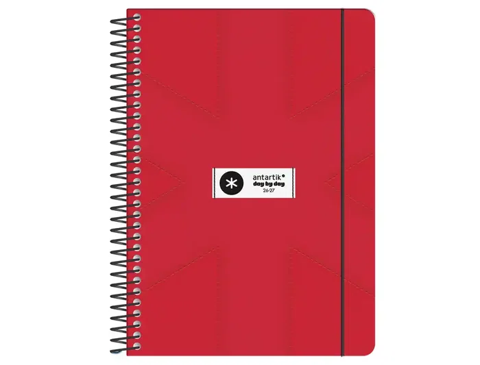 Antartik Agenda Escolar 2026-2027 Espiral, Día por Página A5+, Interior Bilingüe Español-Inglés, Papel FSC 80g, Rojo, con Gomilla y Bolsillo