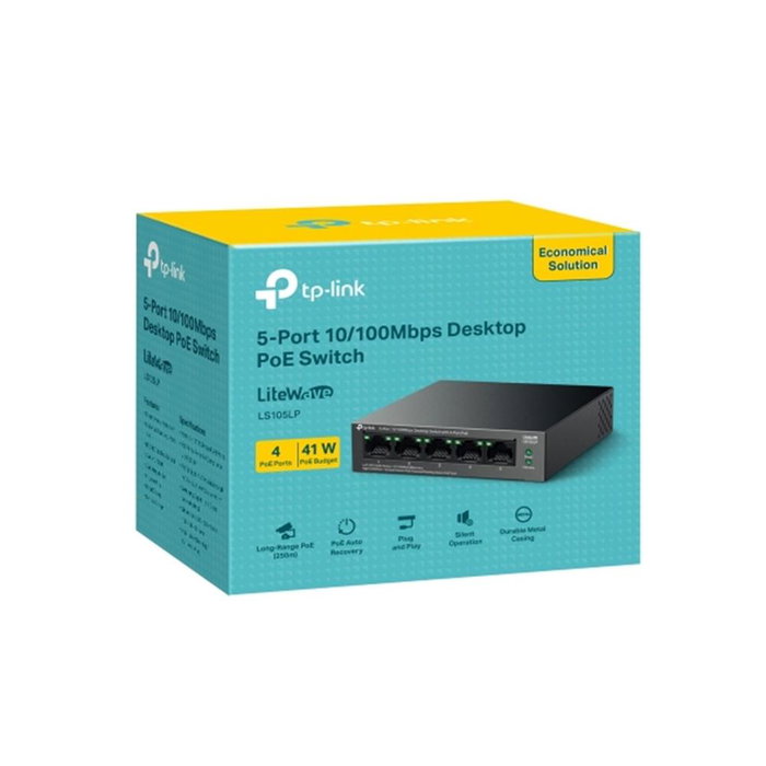 TP-Link LS105LP Conmutador de Red 5 Puertos 10/100 Mbps con 4 Puertos PoE 802.3af, Alimentación 41W, Extensión hasta 250m, Montaje Pared/Escritorio