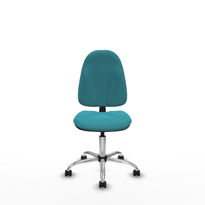 Silla de oficina Algarra con mecanismo Contacto permanente básico tapizada con Tela color Turquesa. Equipada con Base cromada, Sin brazos y Ruedas autofrenantes Silla de oficina Algarra con mecanismo Contacto permanente básico tapizada con Tela color Turquesa. Equipada con Base cromada, Sin brazos y Ruedas autofrenantes