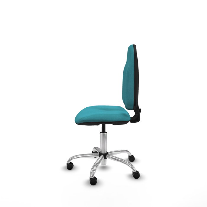 Silla de oficina Algarra con mecanismo Contacto permanente básico tapizada con Tela color Turquesa. Equipada con Base cromada, Sin brazos y Ruedas autofrenantes Silla de oficina Algarra con mecanismo Contacto permanente básico tapizada con Tela color Turquesa. Equipada con Base cromada, Sin brazos y Ruedas autofrenantes