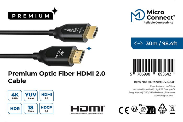 MicroConnect Cable HDMI de Fibra Óptica Premium 2.0 de 30m