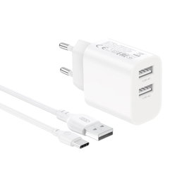 XO Cargador Móvil CE34 Blanco con 2x USB 2,4A y Cable USB-C