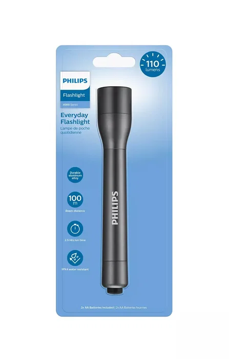 Philips Linterna LED de Toque SFL4002T/10, Negro, 110 Lúmenes, Resistente al Agua IPX4, Funciona con 2 Baterías AA