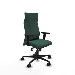 Sillón Albacete con mecanismo Sincro tapizada con Tela color Verde botella. Equipado con Base nailon negra, Brazos 2D y Ruedas 65mm nailon