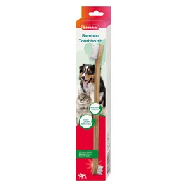 Beaphar Cepillo Dental para Mascotas de Bambú Ecológico - Doble Cabezal para Perros y Gatos, Cerdas de Doble Longitud, Mango Bambú FSC