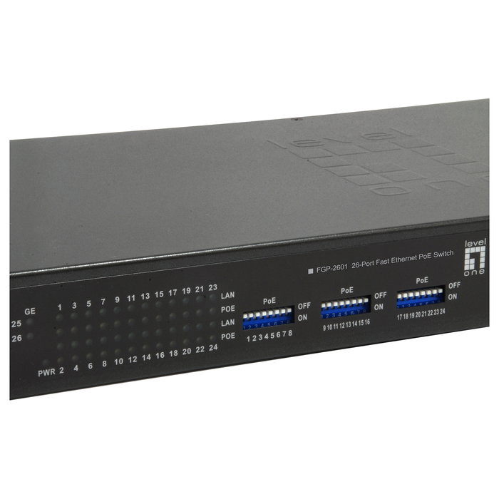 Level One Switch FGP-2601W150, 24x FE + 2x GE, 24x PoE, 150W, Montaje en Rack