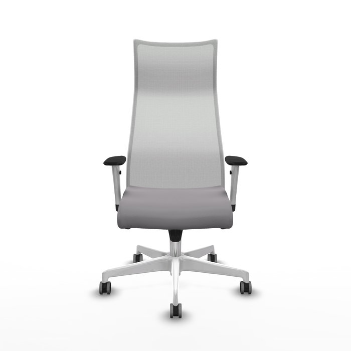 Sillón Albacete con mecanismo Sincro tapizada con Similpiel color Gris y malla color Blanco. Equipado con Base poliamida blanca, Brazos 1D y Ruedas 65 mm parqué