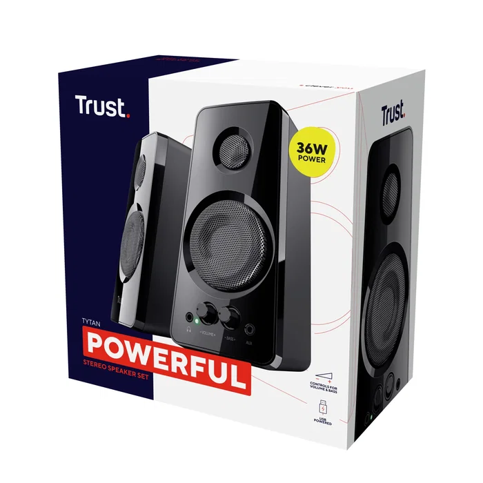 Trust Tytan Altavoces PC 2.0 Alámbricos 36W PMPO (18W RMS) con Control de Bajos, Negro - USB, Jack 3.5 mm