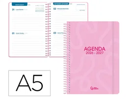 Liderpapel Agenda Escolar Classic 2026-2027, Dos Días Página, A5, Espiral, Interior Bilingüe, Color Rosa