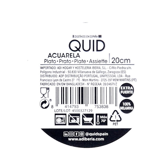 Plato Hondo Melamina Acuarela Quid 20 cm (12 Unidades)