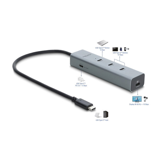 DeLOCK Hub USB tipo C de 5 puertos con 10 Gbps, salida 8K y PD 3.0 100W DeLOCK Hub USB tipo C de 5 puertos con 10 Gbps, salida 8K y PD 3.0 100W