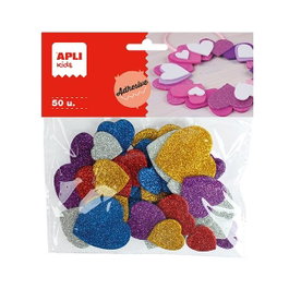 Apli 50 Corazones de Goma EVA Adhesiva con Purpurina Metalizada, Colores Surtidos