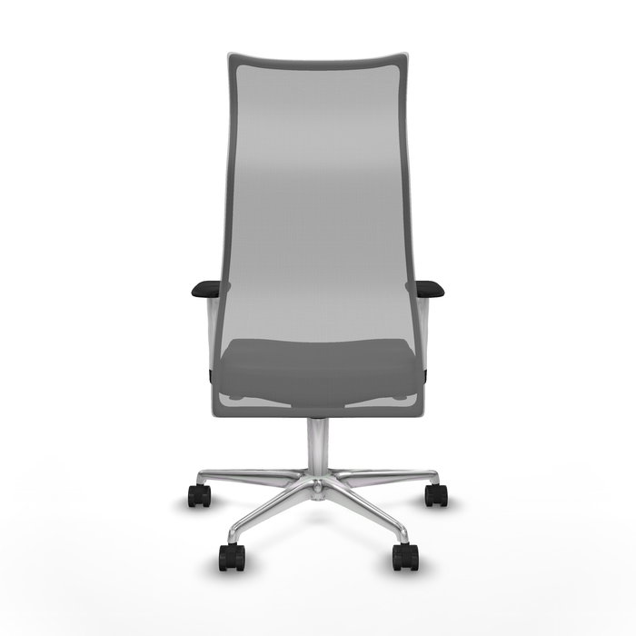 Sillón Albacete con mecanismo Sincro tapizada con Similpiel color Negro y malla color Gris. Equipado con Base aluminio, Brazos 1D y Ruedas 65mm nailon