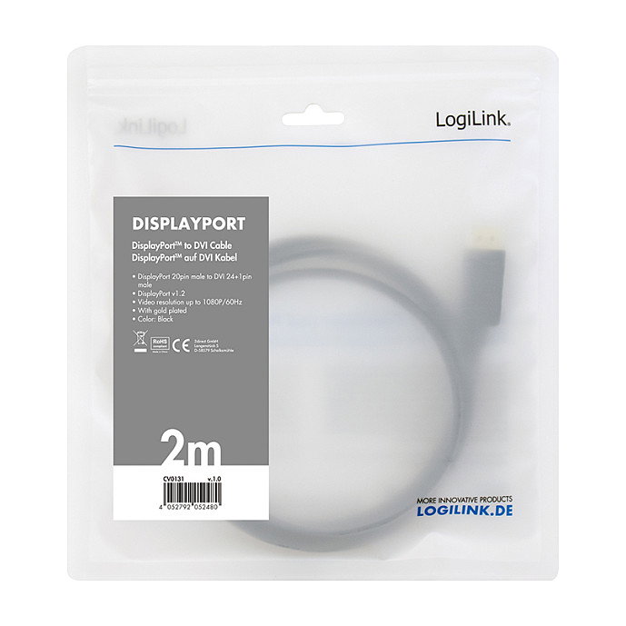 LogiLink Cable DisplayPort 1.2 a DVI 1.2, 1.0m, negro LogiLink Cable DisplayPort 1.2 a DVI 1.2, 1.0m, negro