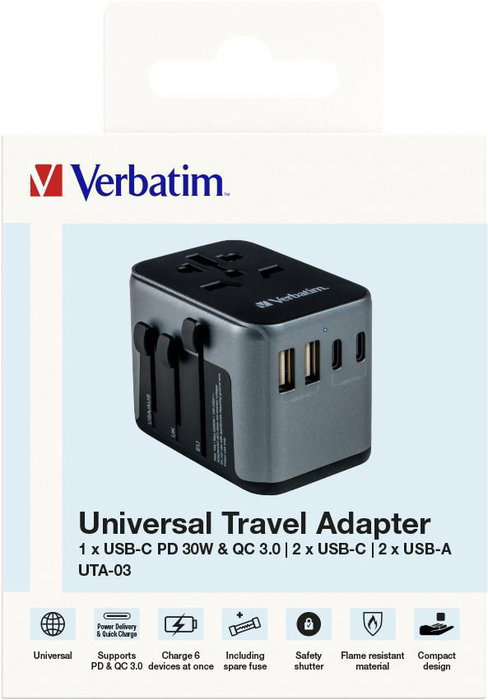 Verbatim UTA-03 Adaptador de Viaje Universal con 3 USB-C y 2 USB-A (30W PD)