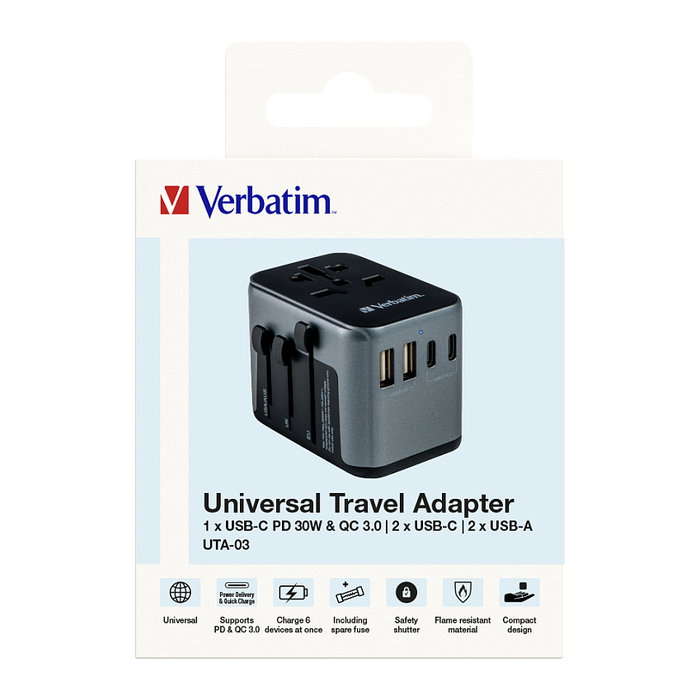 Verbatim UTA-03 Adaptador de Viaje Universal con 3 USB-C y 2 USB-A (30W PD)