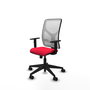 Silla de oficina Motilla con mecanismo Sincro tapizada con Tela color Rojo y malla color Blanco. Equipada con lumbar 1D, Brazos 1D y Ruedas 65mm nailon
