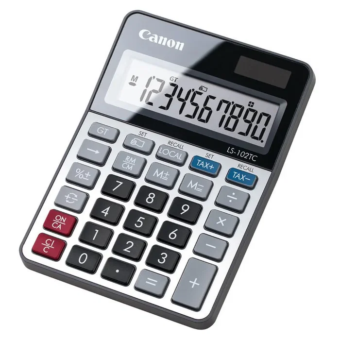Canon LS-102TC Calculadora de Escritorio Básica, 10 Dígitos, LCD, Conversor de Divisas y Cálculo de Impuestos, Alimentación Batería/Solar LR44, Color Negro Metálico