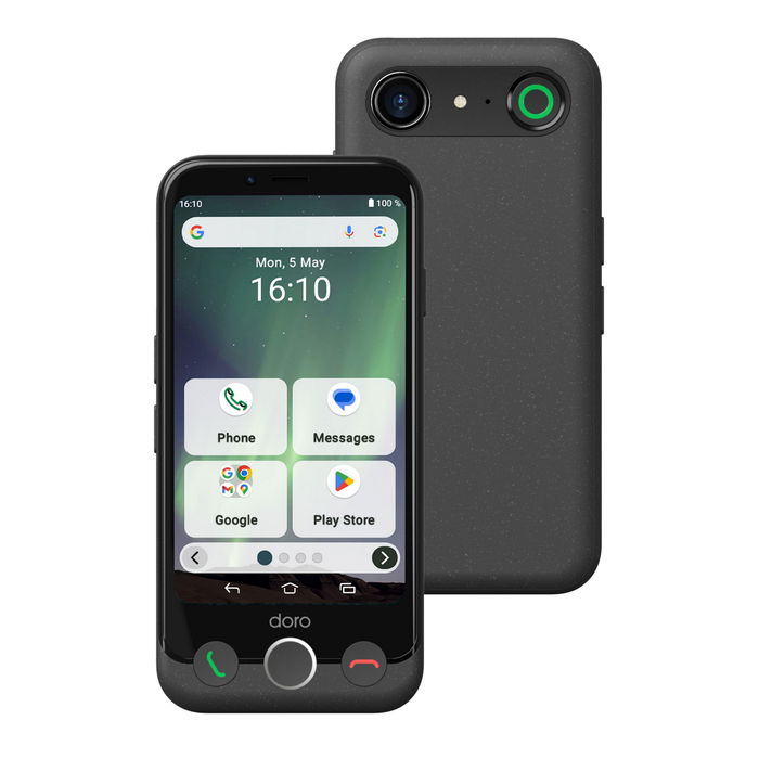 Doro Aurora A10 Smartphone Senior 4.5" Pantalla 4G 4GB RAM 64GB Almacenamiento Grafito - Teléfono Fácil de Usar con Botón de Emergencia y Android 14