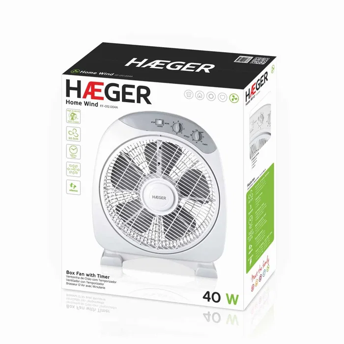 Haeger FF-012.004A Ventilador de Pie 30.5 cm Blanco, 5 Aspas, 3 Velocidades, Temporizador 2h, 1419 m³/h, Silencioso (60.5 dB), 40W