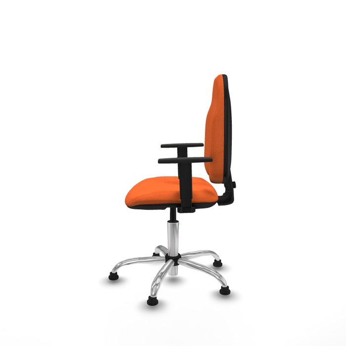 Silla de oficina Algarra con mecanismo Contacto permanente básico tapizada con Tela color Naranja. Equipada con Base cromada, Brazos 1Dy Topes