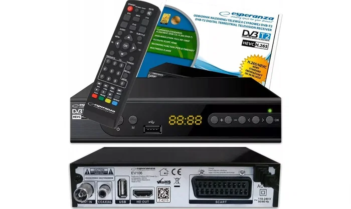 Esperanza EV106R Sintonizador Descodificador DVB-T2/Cable con PVR, HEVC/H.265, HDMI/USB, Dolby Digital, 1080p, Color Negro