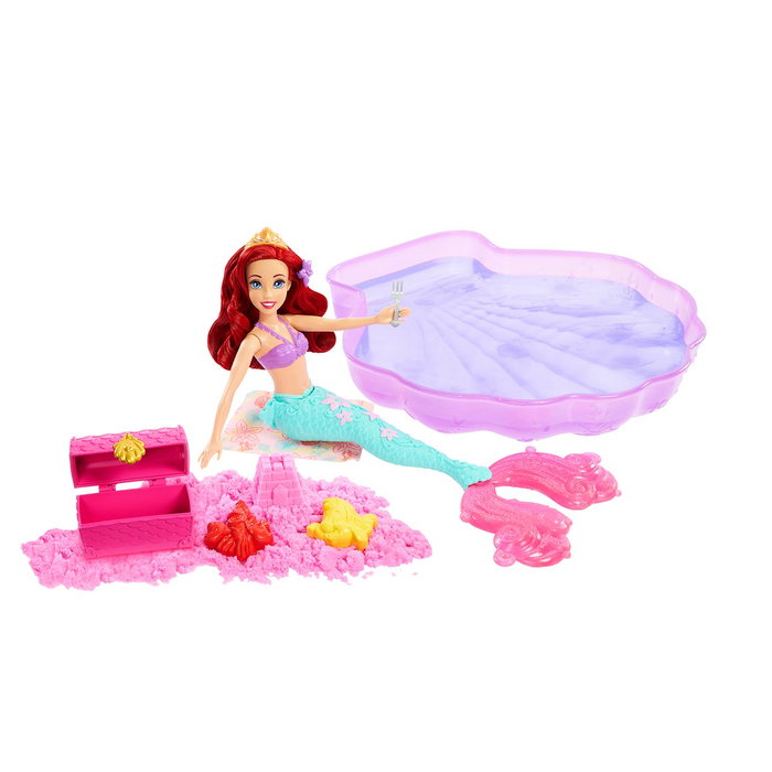 Mattel Muñeca Disney Princess Ariel Agua y Arena Hwb39 con Piscina, Arena Moldeable y Accesorios para Juego de Playa para Niños +3 años