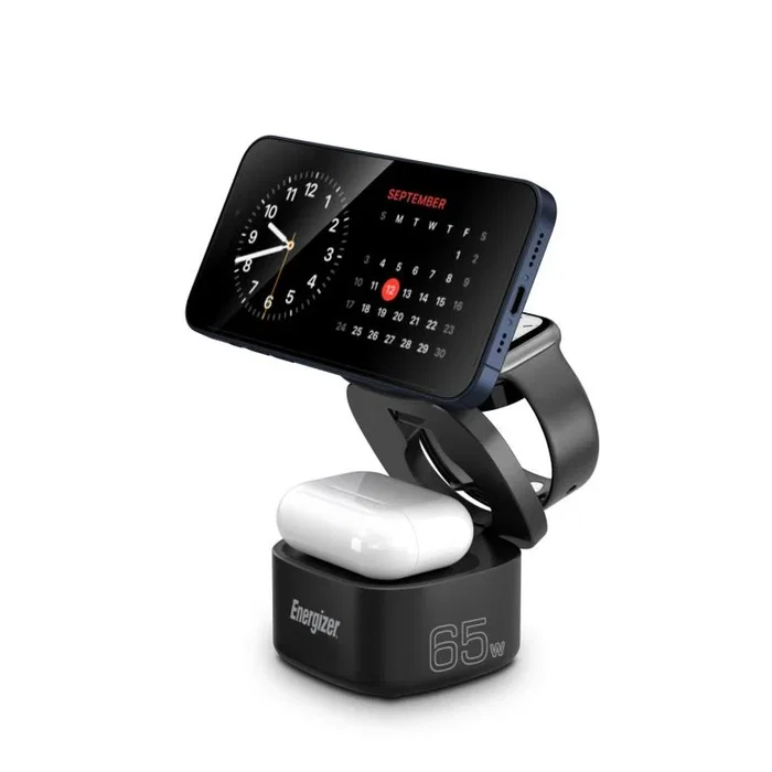 Energizer WCP311 Cargador Inalámbrico 4-en-1 con MagSafe 15W, Soporte, 65W PD, Negro - Carga Rápida para Smartphone, Auriculares, Reloj