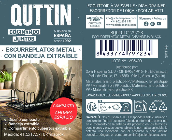 Quttin Escurreplatos Metal con Bandeja Black