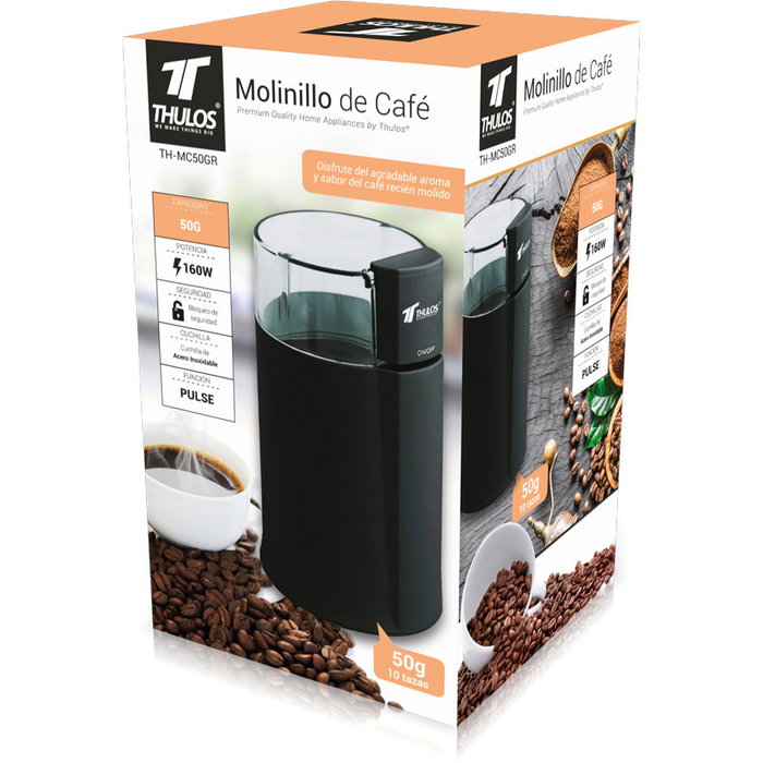 Thulos Molinillo de Café Eléctrico TH-MC50GR 160W, Capacidad 50g, Cuchillas de Acero Inoxidable, para Granos, Nueces y Especias