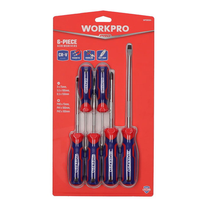 Workpro Juego de 6 Destornilladores de Acero al Cromo-Vanadio con Punta Magnética y Mango Ergonómico
